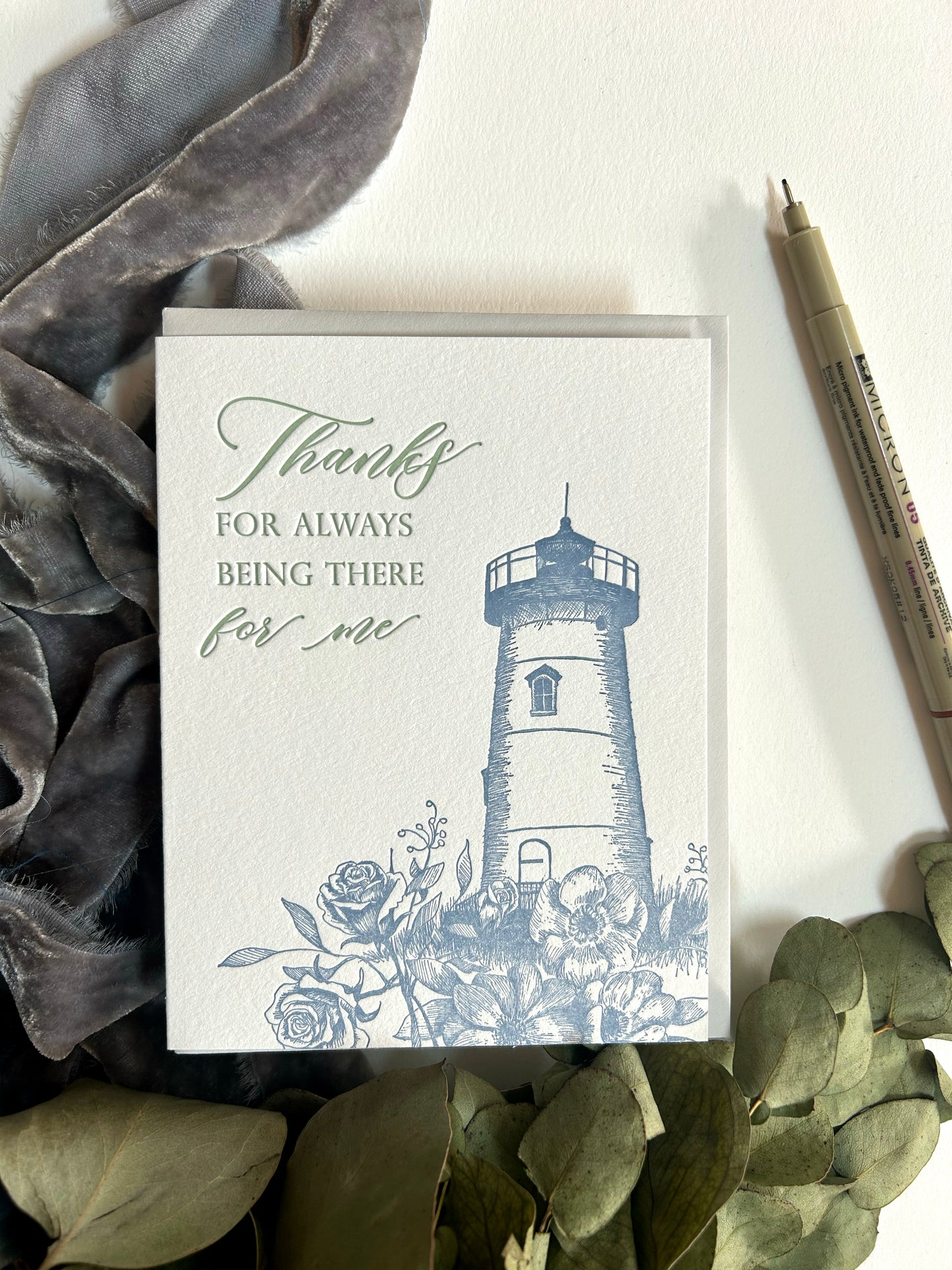 Letterpress thank you card with florals and a lighthouse that says "Thank you for always being there for me" by Rust Belt Love