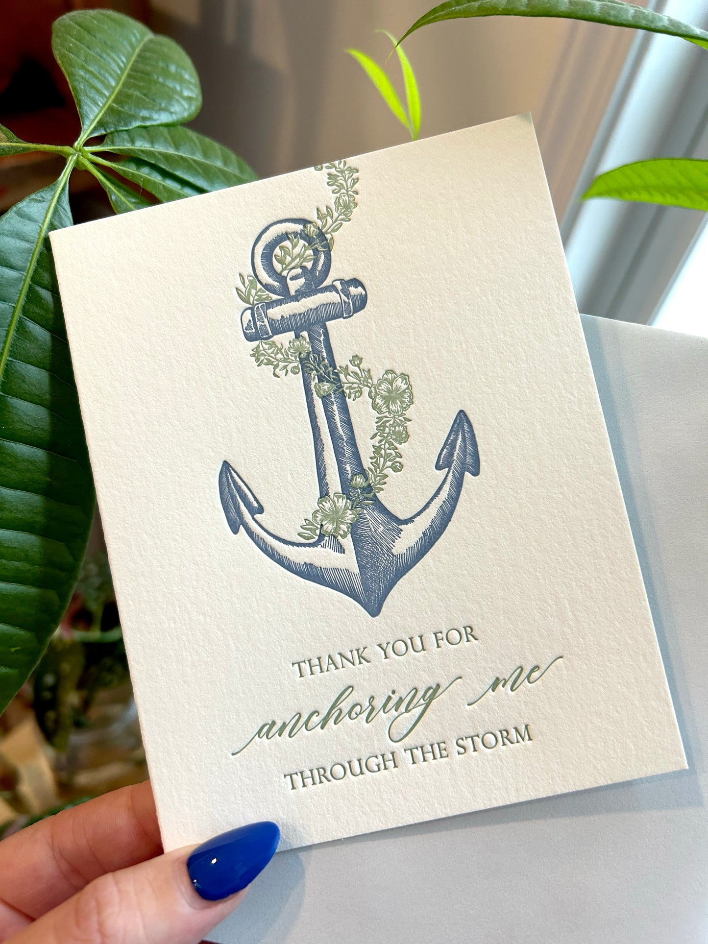 Letterpress thank you card with an anchor that says "Thank you for anchoring me through the storm" by Rust Belt Love