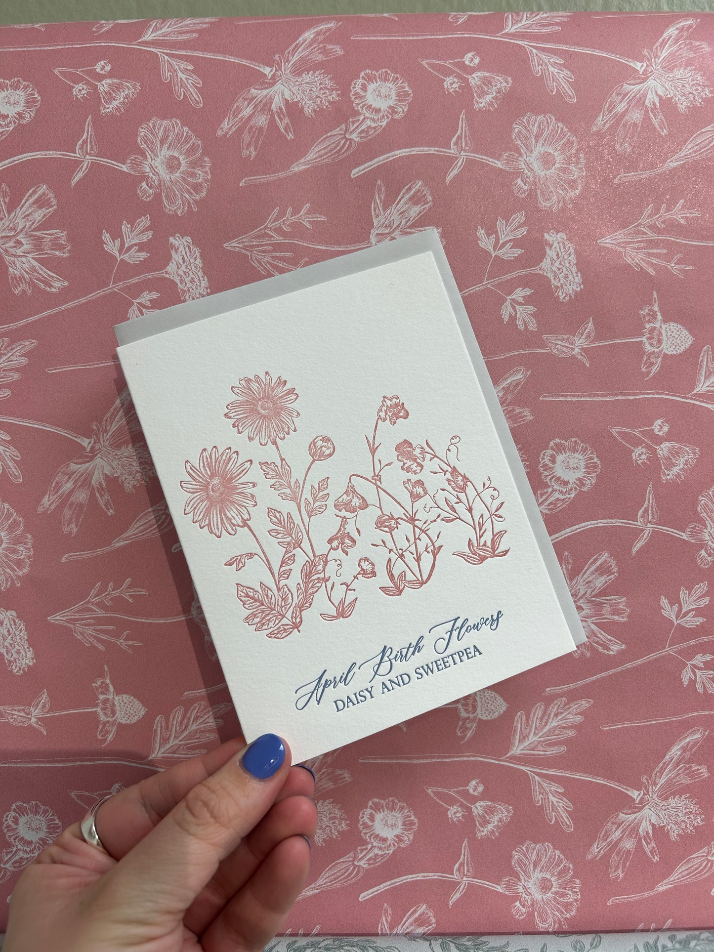 Letterpress birthday card with florals that says "April Birth Flowers, Daisy and Sweetpea" by Rust Belt Love