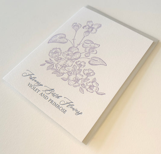 Letterpress birthday card with florals that says "February Birth Flowers, Violet and Primrose" by Rust Belt Love