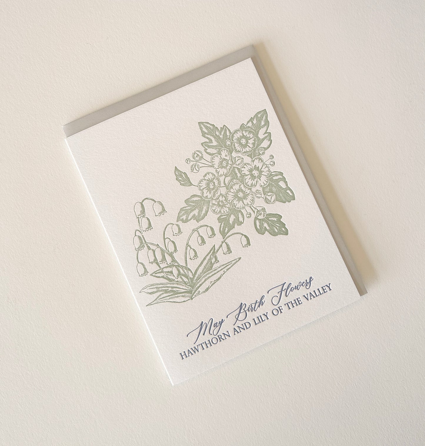 Letterpress birthday card with florals that says "May birth flowers hawthorn and lily of the valley" by Rust Belt Love