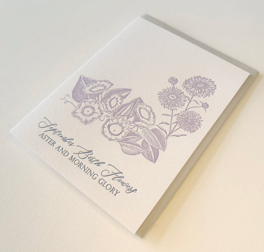 Letterpress birthday card with florals that says "Septmeber birth flowers aster and morning glory" by Rust Belt Love