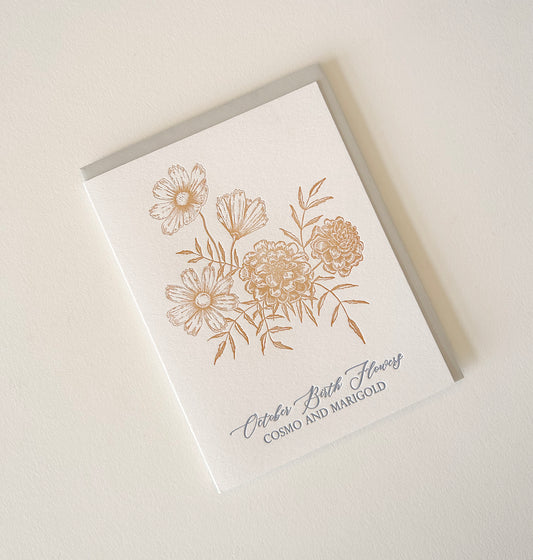 Letterpress birthday card with florals that says "October birth flowers cosmo and marigold" by Rust Belt Love