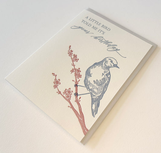 Letterpress birthday card with florals and a bird that says " A little bird told me it's your birthday" by Rust Belt Love