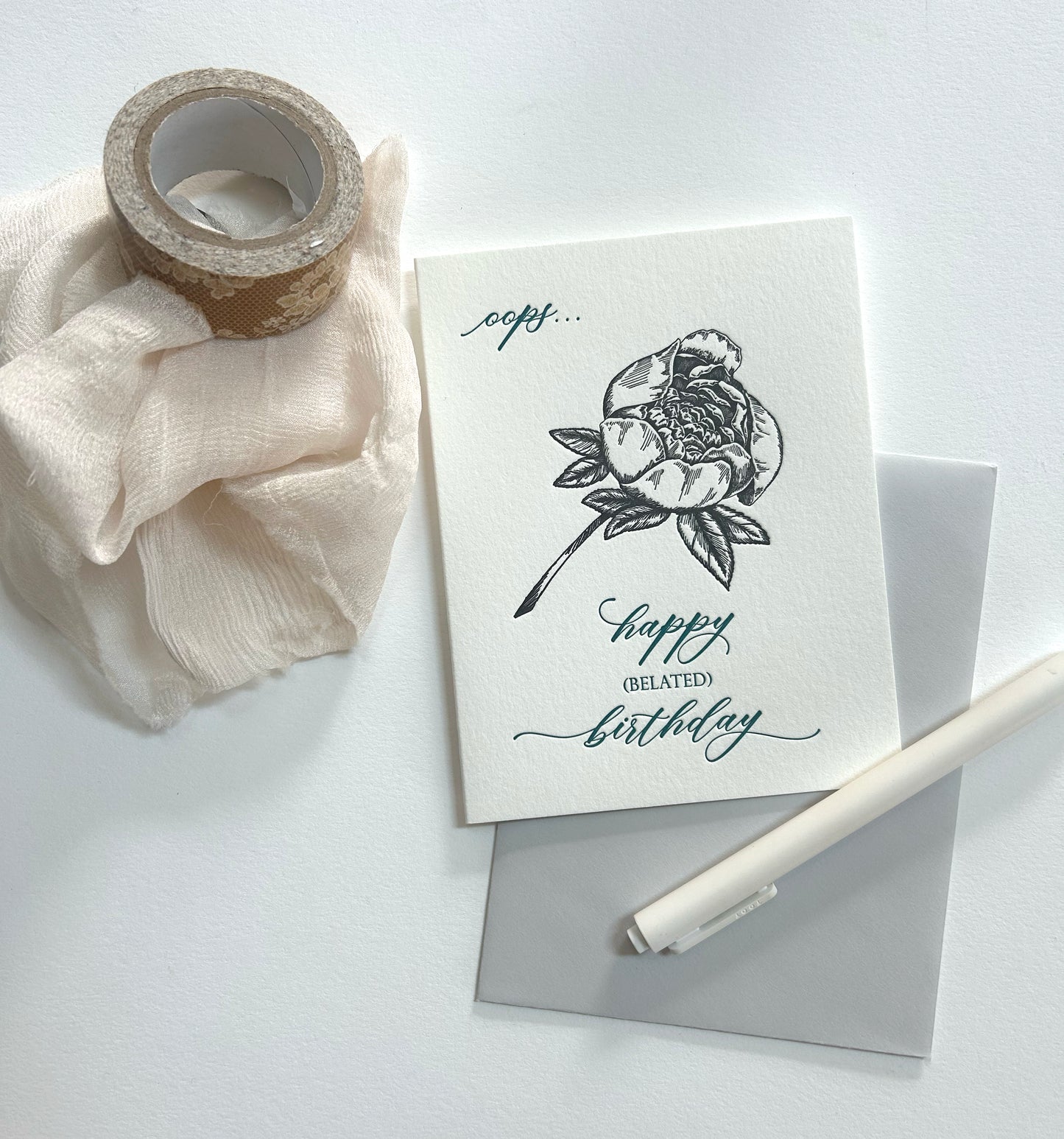 Letterpress floral love card with black flower illustration that reads "oops...happy (belated) birthday" by Rust Belt Love