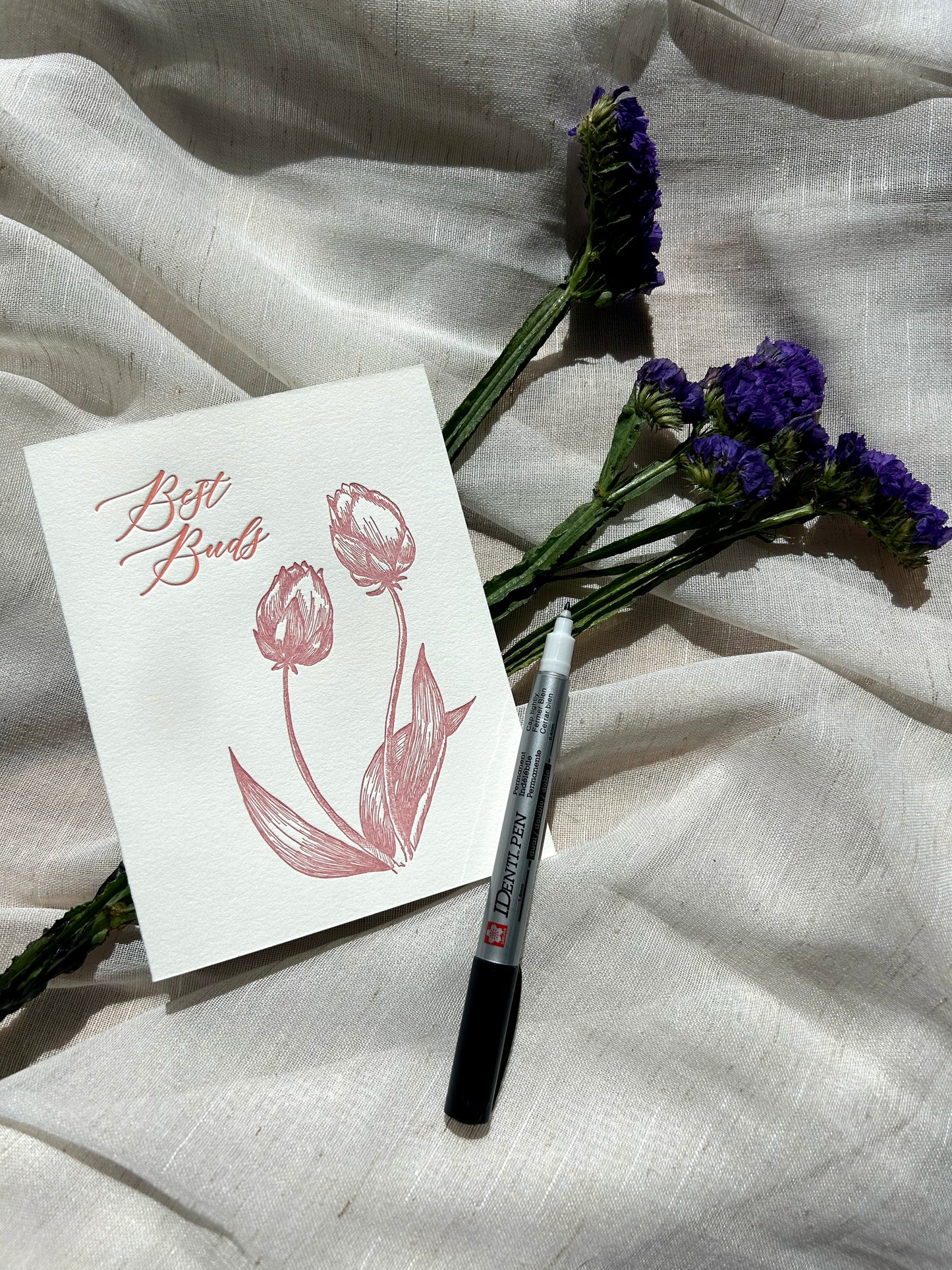 Letterpress friendship card with tulips that says "Best Buds" by Rust Belt Love