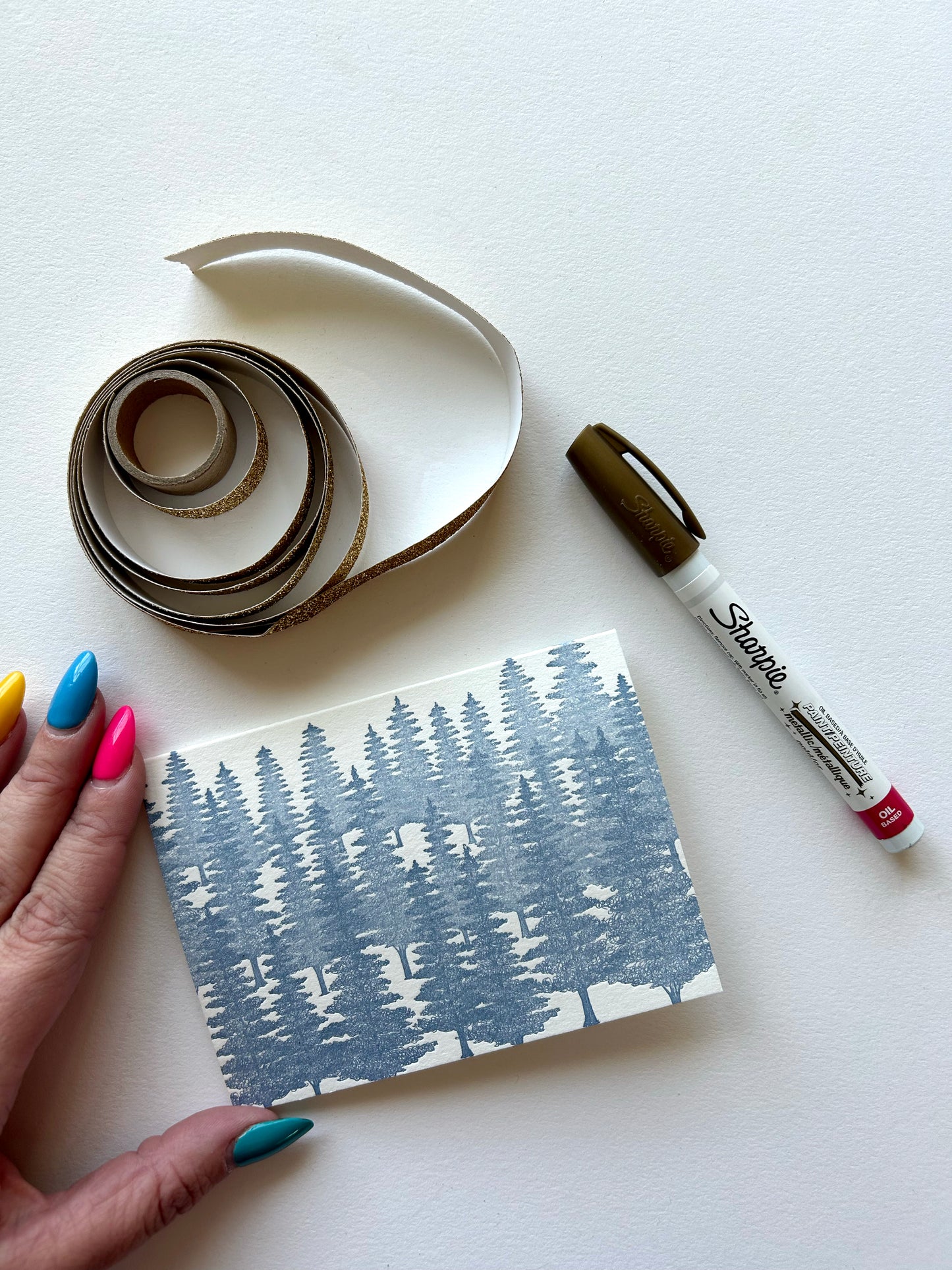 blue evergreen printed small card , styleshot by Rust Belt Love