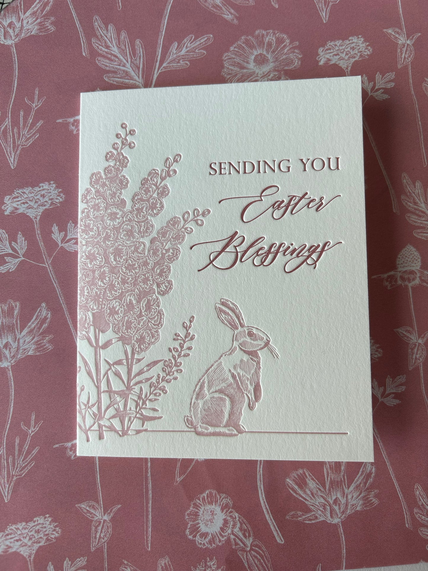 Letterpress Easter card with flowers and a bunny that says " Sending You Easter Blessings" by Rust Belt Love