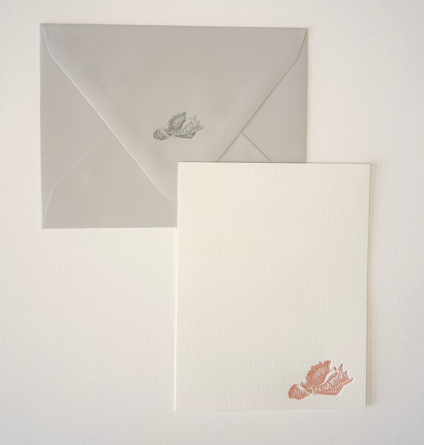 Letterpress flat note card with a peach seashell by Rust Belt Love