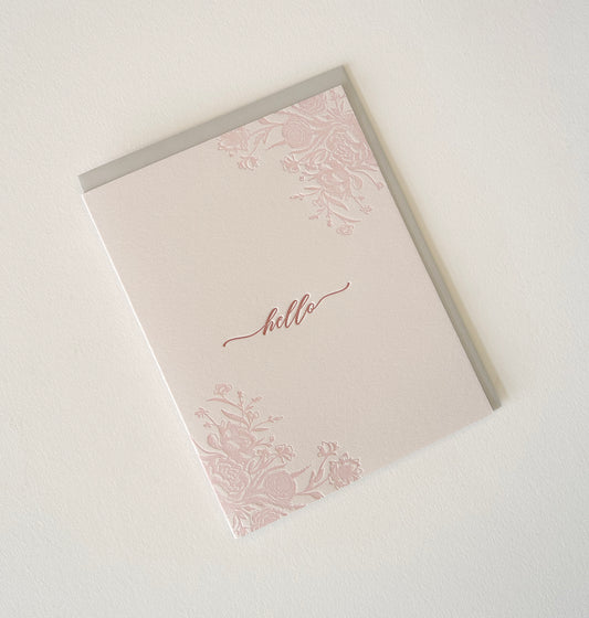 Letterpress friendship card with florals that says "Hello" by Rust Belt Love