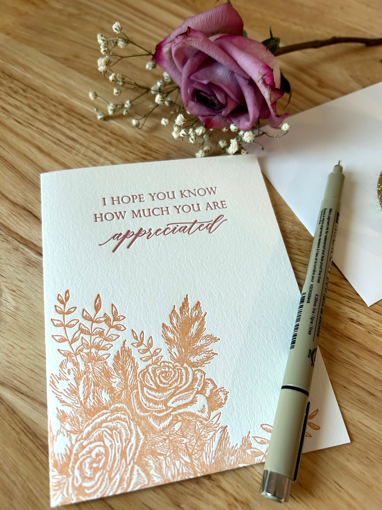 Letterpress friendship card with florals that says "I hope you know how much you are appreciated" by Rust Belt Love