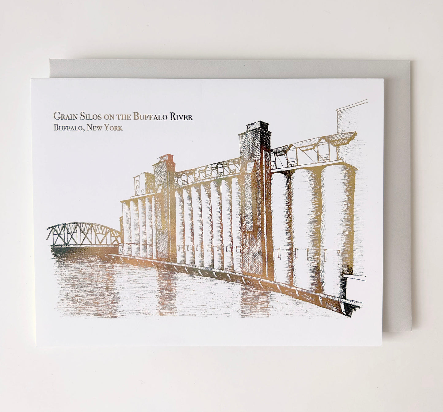 Rust Belt Love's gold foil card of grain silos on the buffalo river illustration