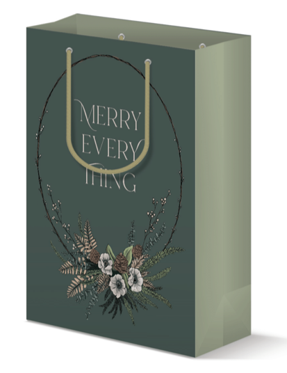Green gift bag with modern wreath on it that reads "merry everything" by Rust Belt Love