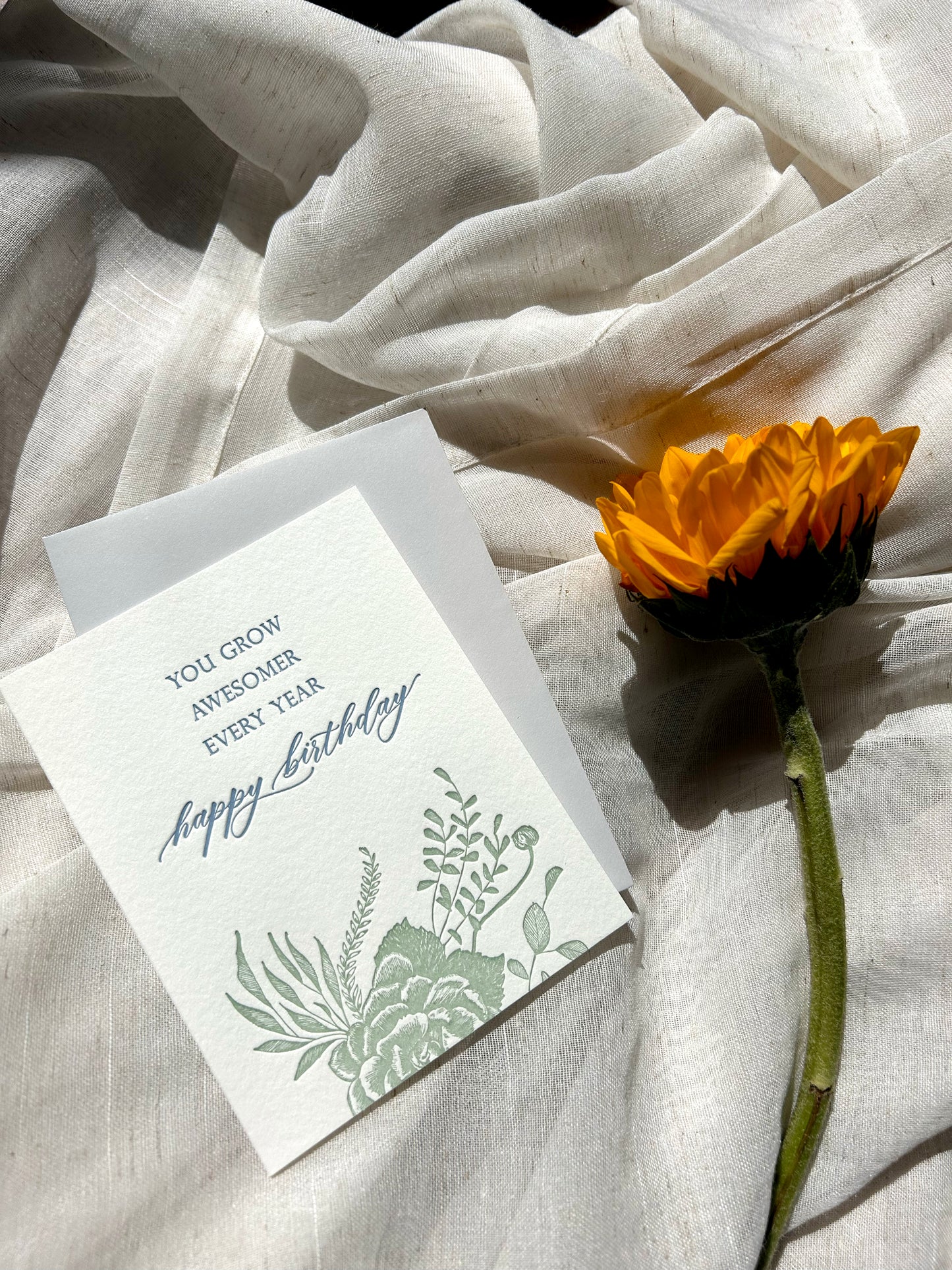 Letterpress birthday card with florals that says " You grow awesomer every year happy birthday" by Rust Belt Love