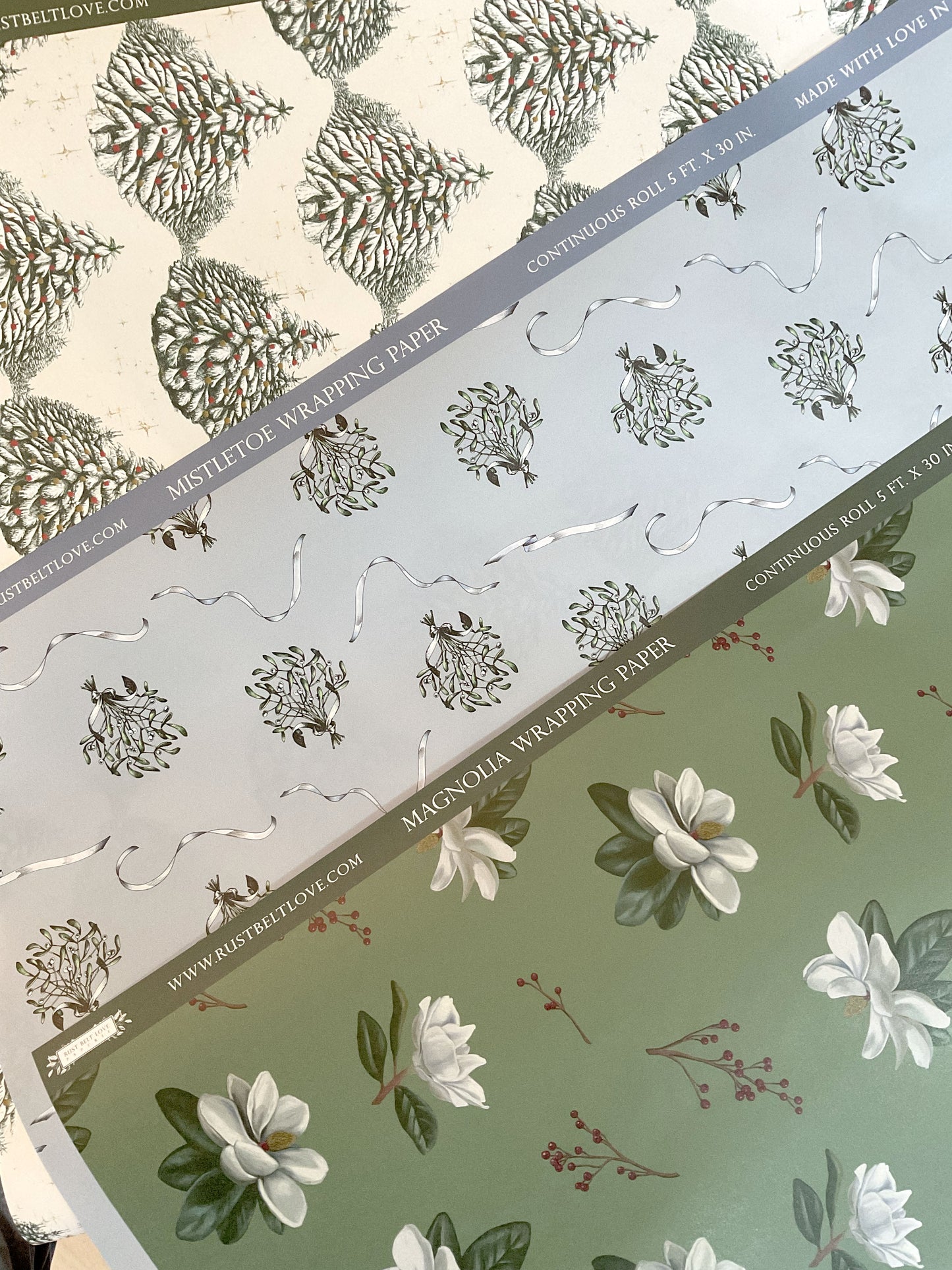 A variety of holiday themed wrapping paper from Rust Belt Love