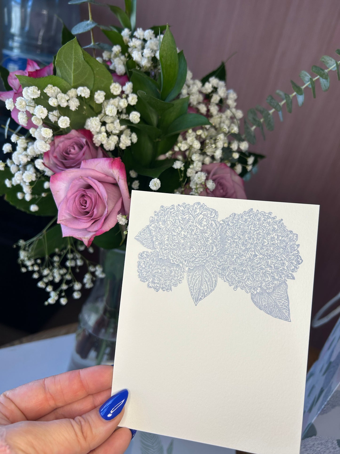 Letterpress note card with hydrangea on it and matching grey envelope from Rust Belt Love