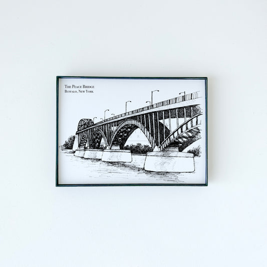 The Peace Bridge illustration in black ink on white paper by Rust Belt Love