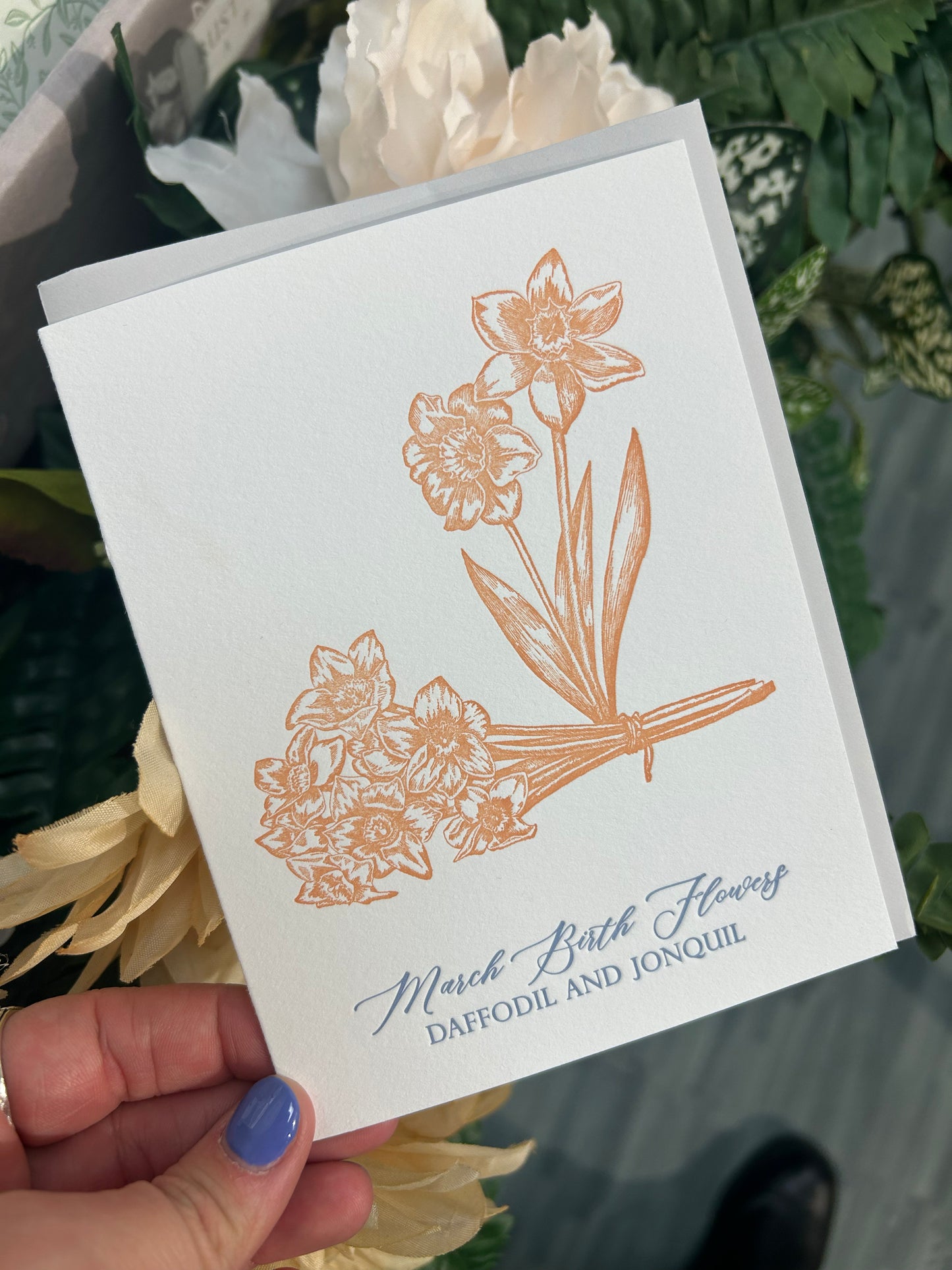 Letterpress birthday card with florals that says "March birth flowers daffodil and jonquil" by Rust Belt Love