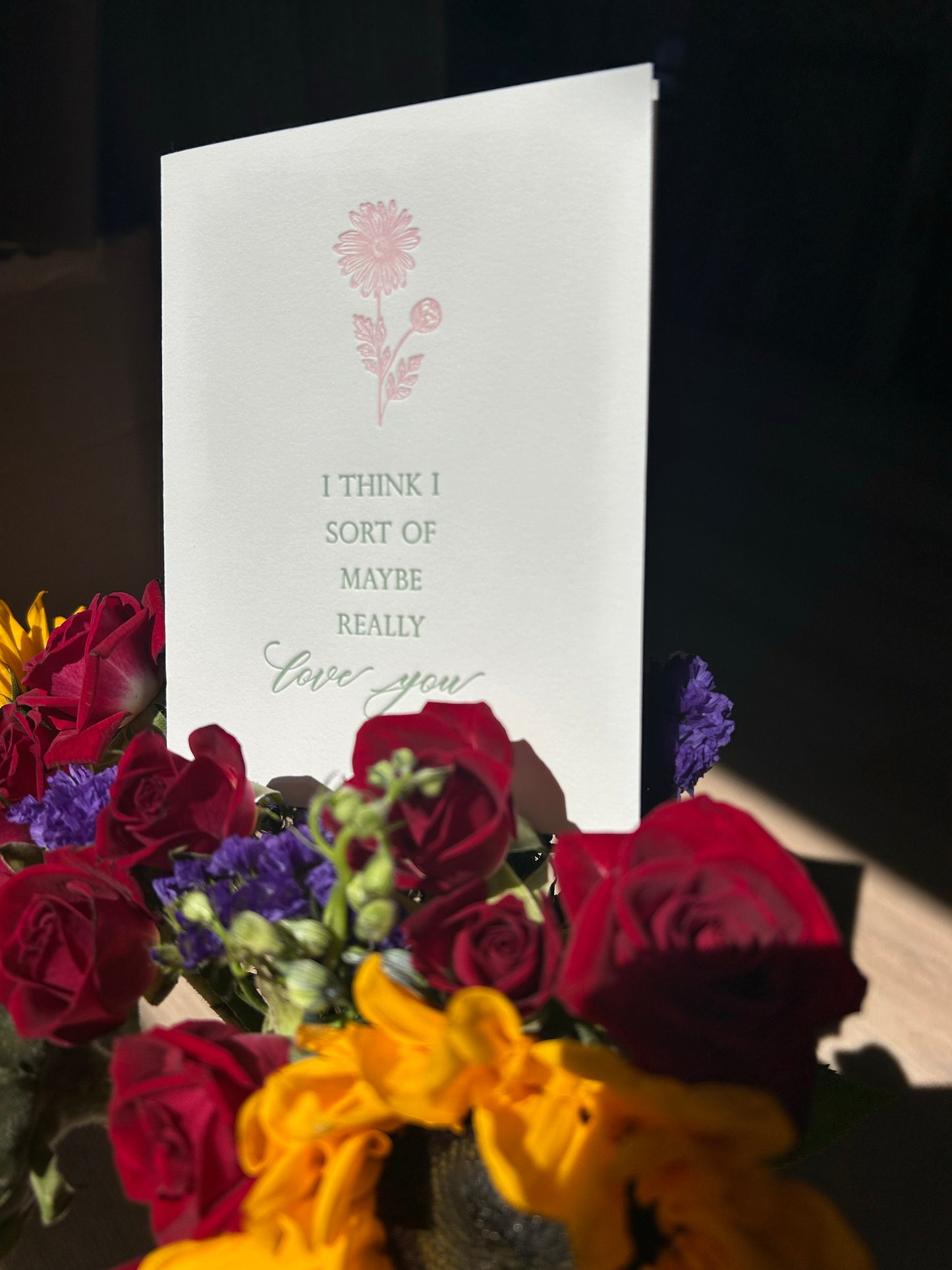 Letterpress love card with florals that says "I think I sort of maybe really love you" by Rust Belt Love