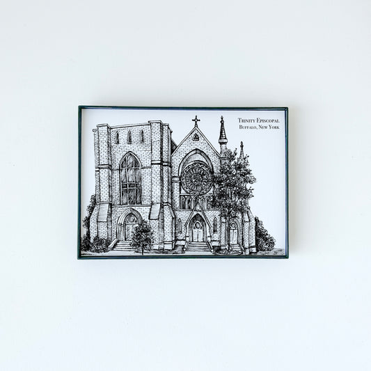 Trinity Episcopal Church illustration in black ink on white paper by Rust Belt Love