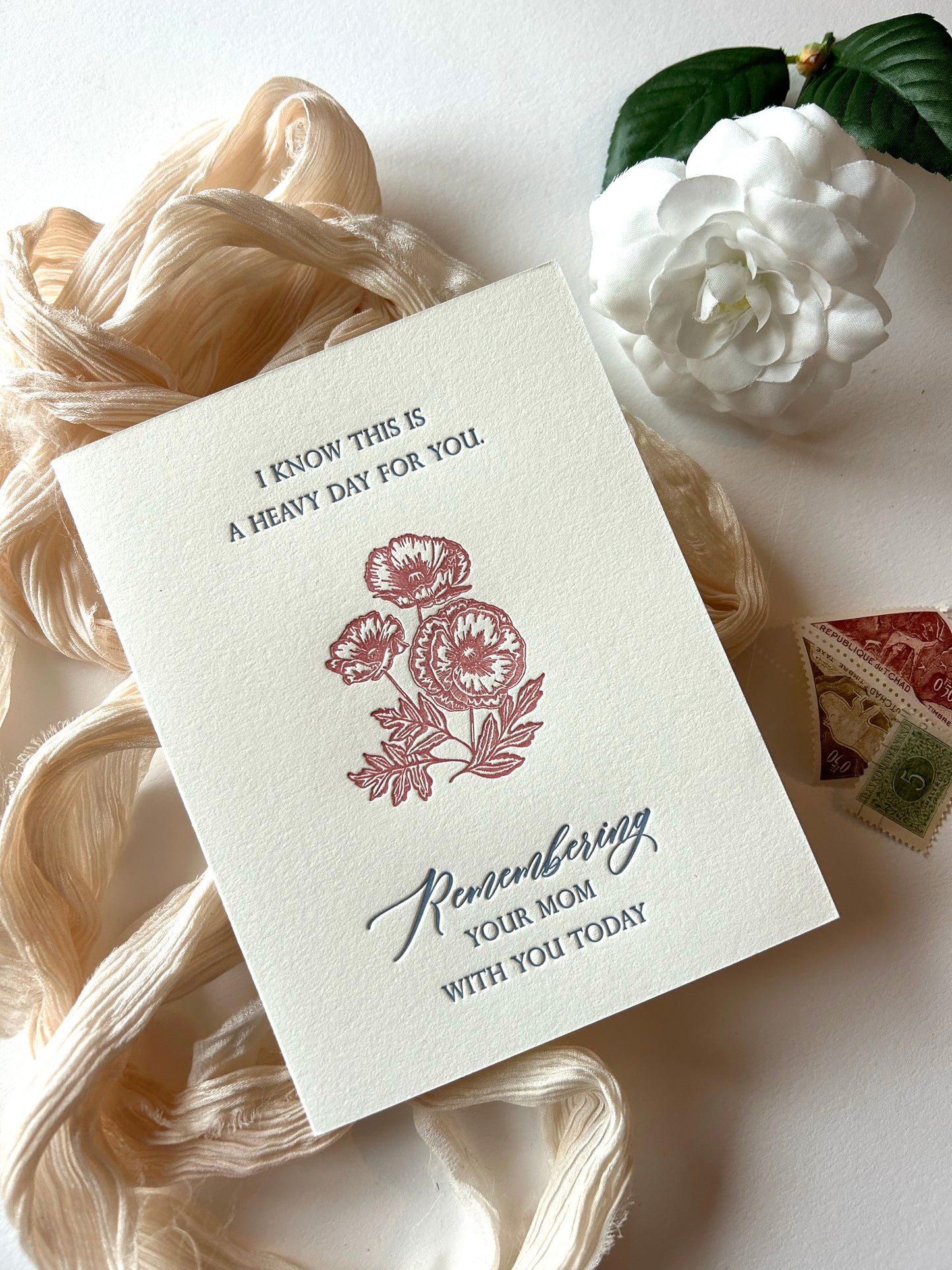 Letterpress mother's day card with florals that says "I know today isn't easy for you. Remembering your mom with you today" by Rust Belt Love
