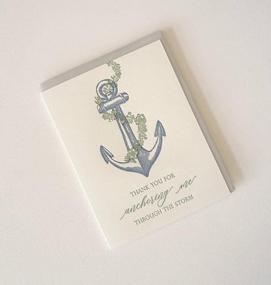 Letterpress thank you card with an anchor that says "Thank you for anchoring me through the storm" by Rust Belt Love