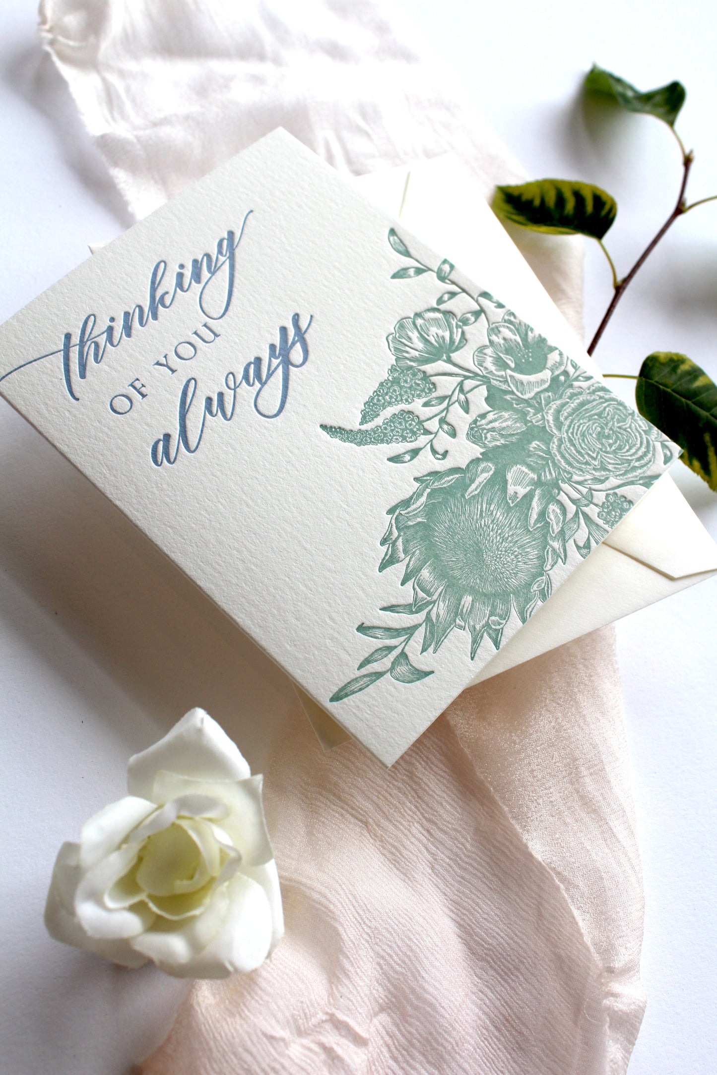 Letterpress friendship card with florals that says "thinking of you always" by Rust Belt Love