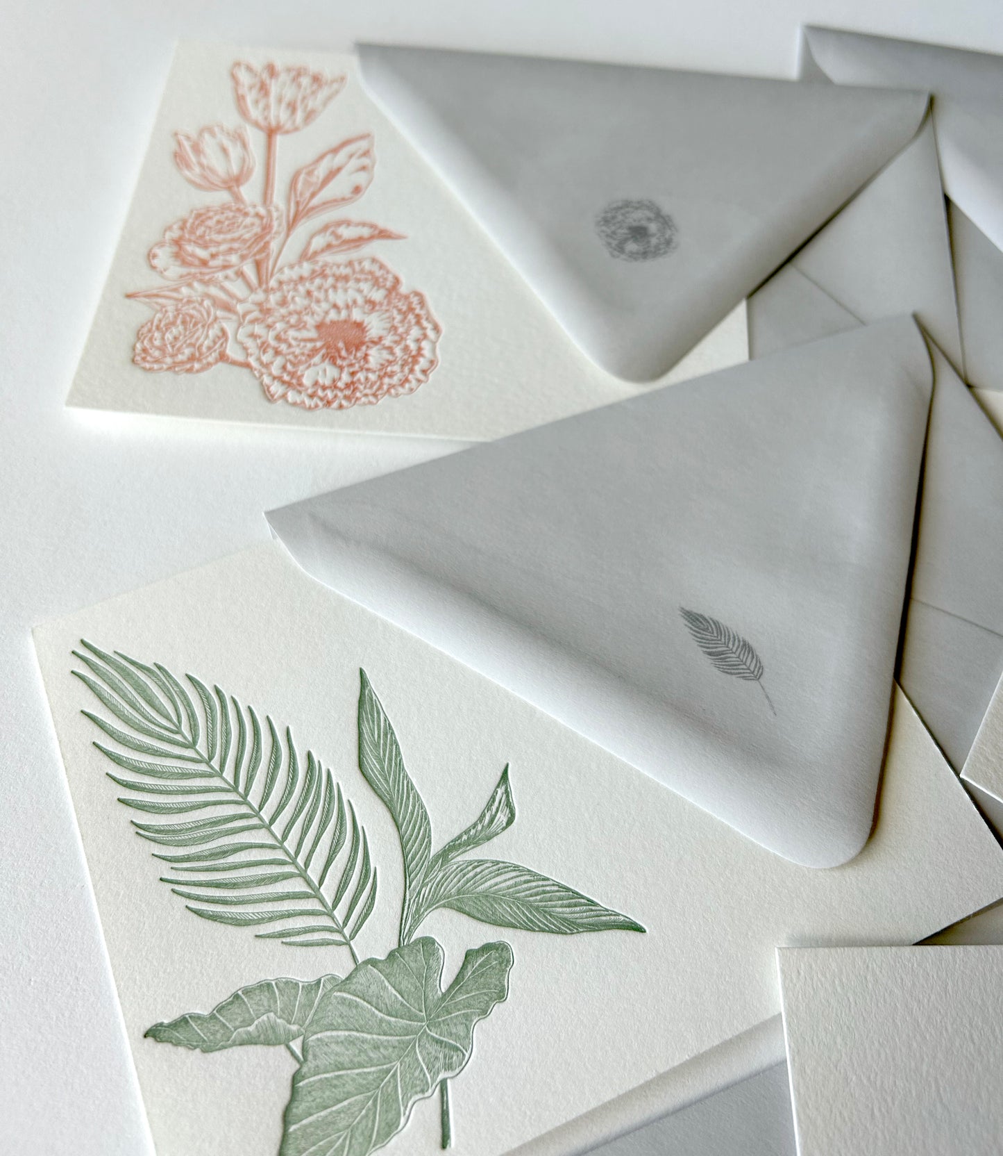 Letterpress tropical green leaf note card with matching grey envelope by Rust Belt Love