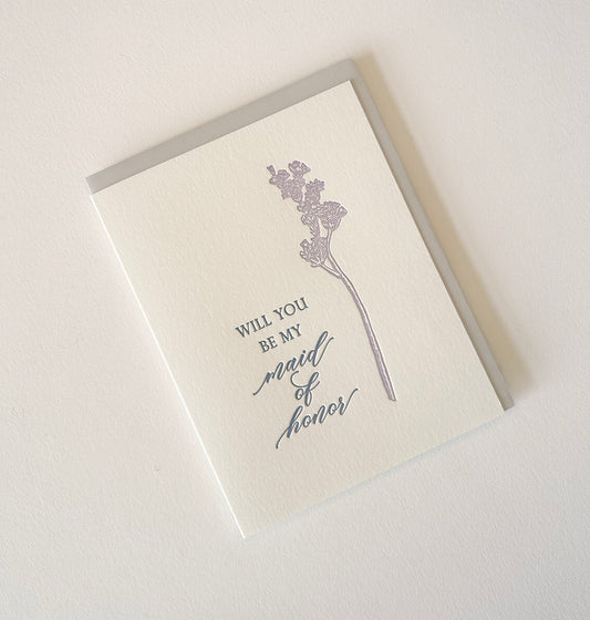 Letterpress wedding card with florals that says " Will You Be My Maid of Honor" by Rust Belt Love