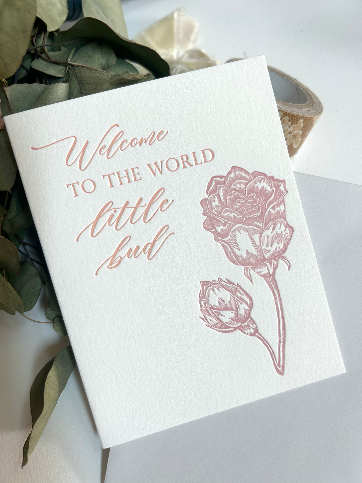 Letterpress congrats card with florals that says "Welcome to the world little bud" by Rust Belt Love