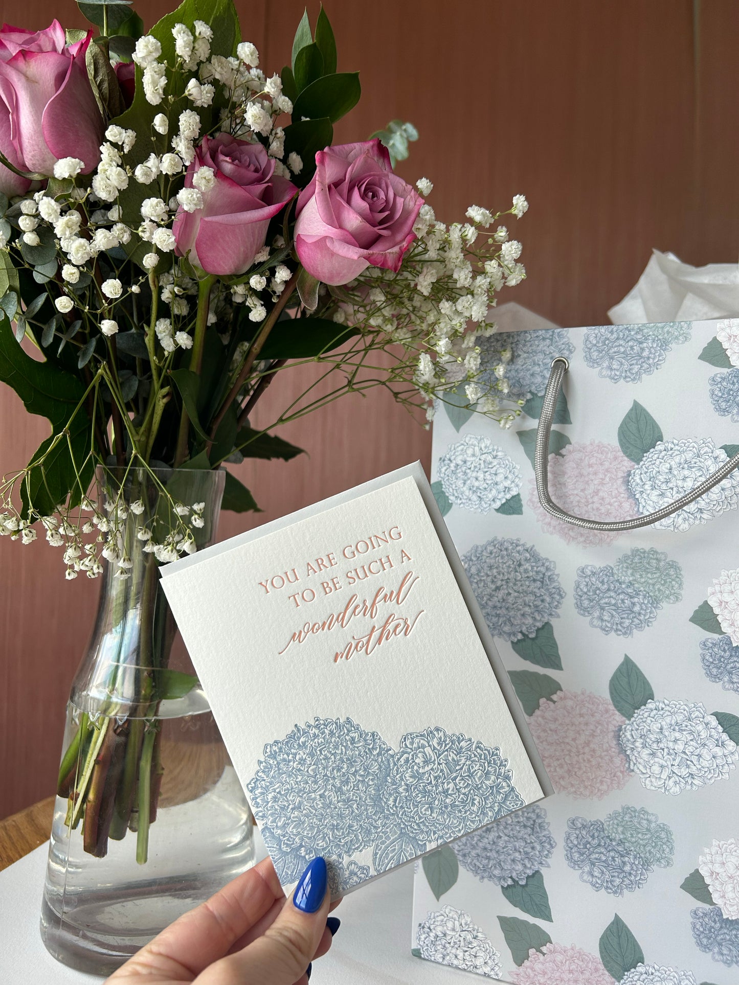 Letterpress card with hydrangeas that says "You Are Going To Be Such A Wonderful Mother" by Rust Belt Love