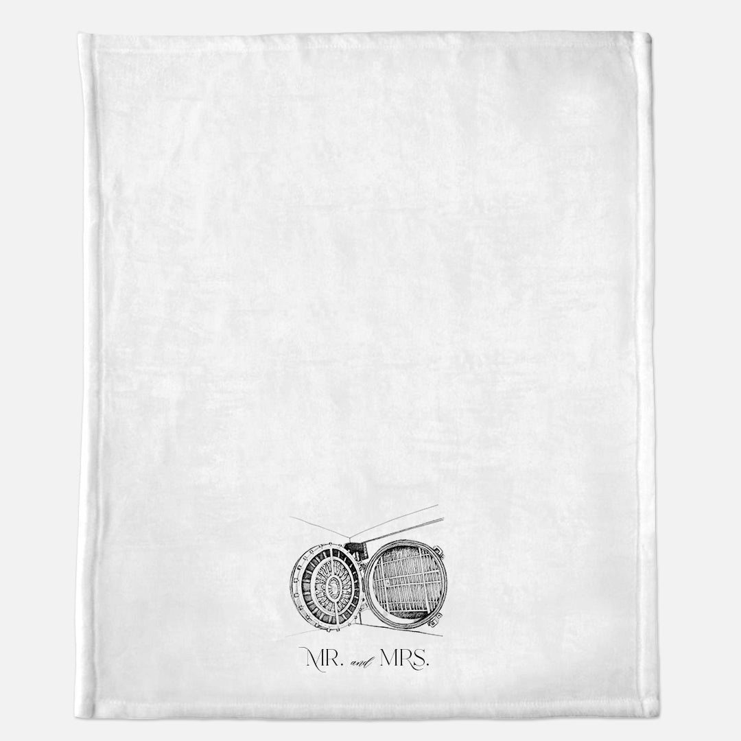 White minky blanket with Admiral Room illustration that says " Mr. and Mrs." by Rust Belt Love
