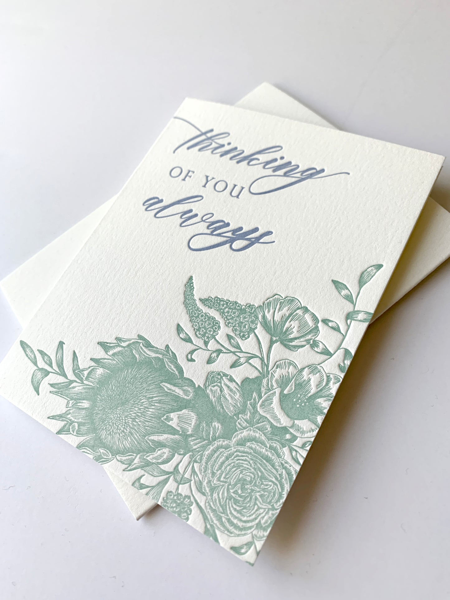Letterpress friendship card with florals that says "thinking of you always" by Rust Belt Love