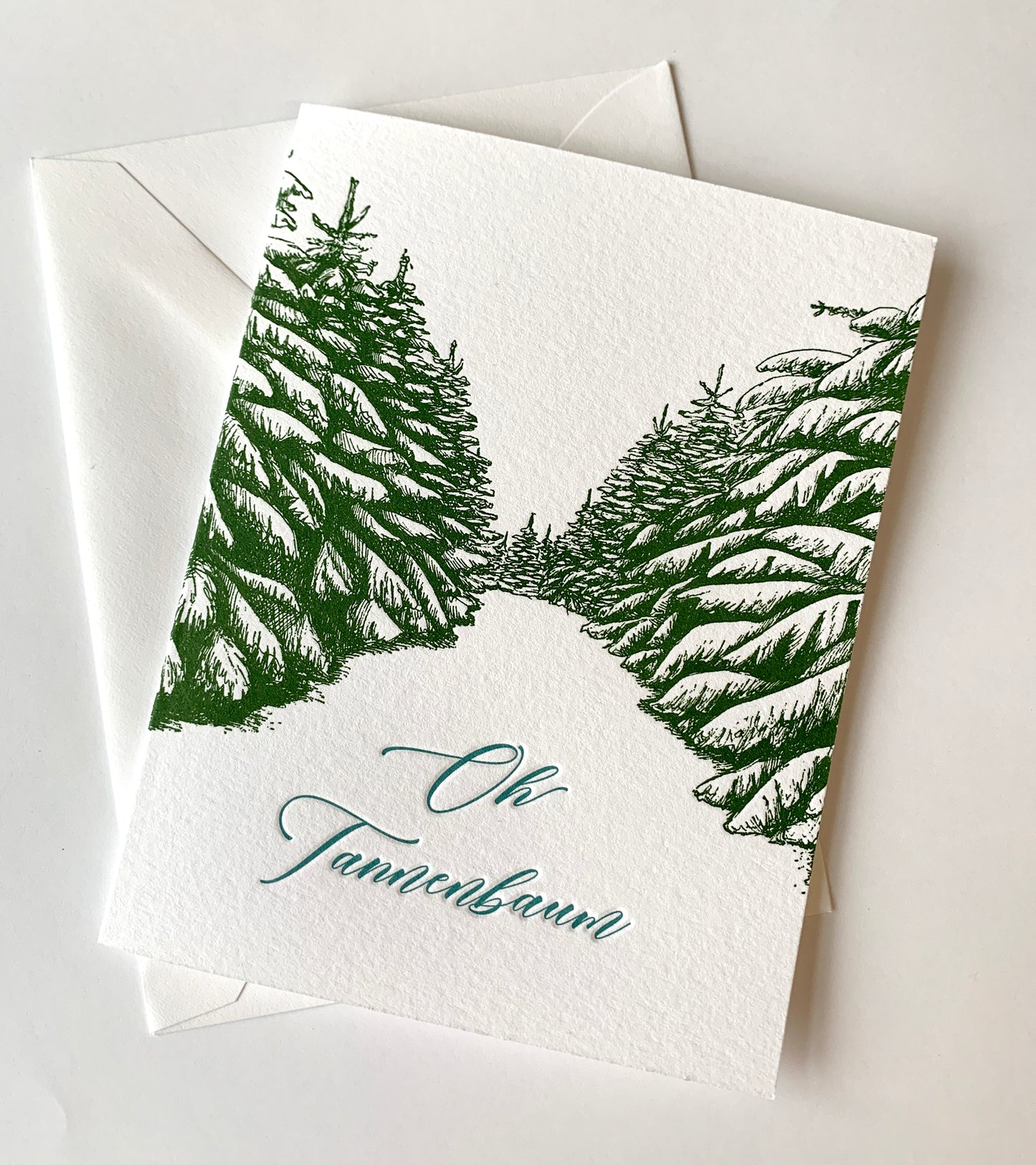 Letterpress holiday card with trees that says "Oh tannenbaum" by Rust Belt Love
