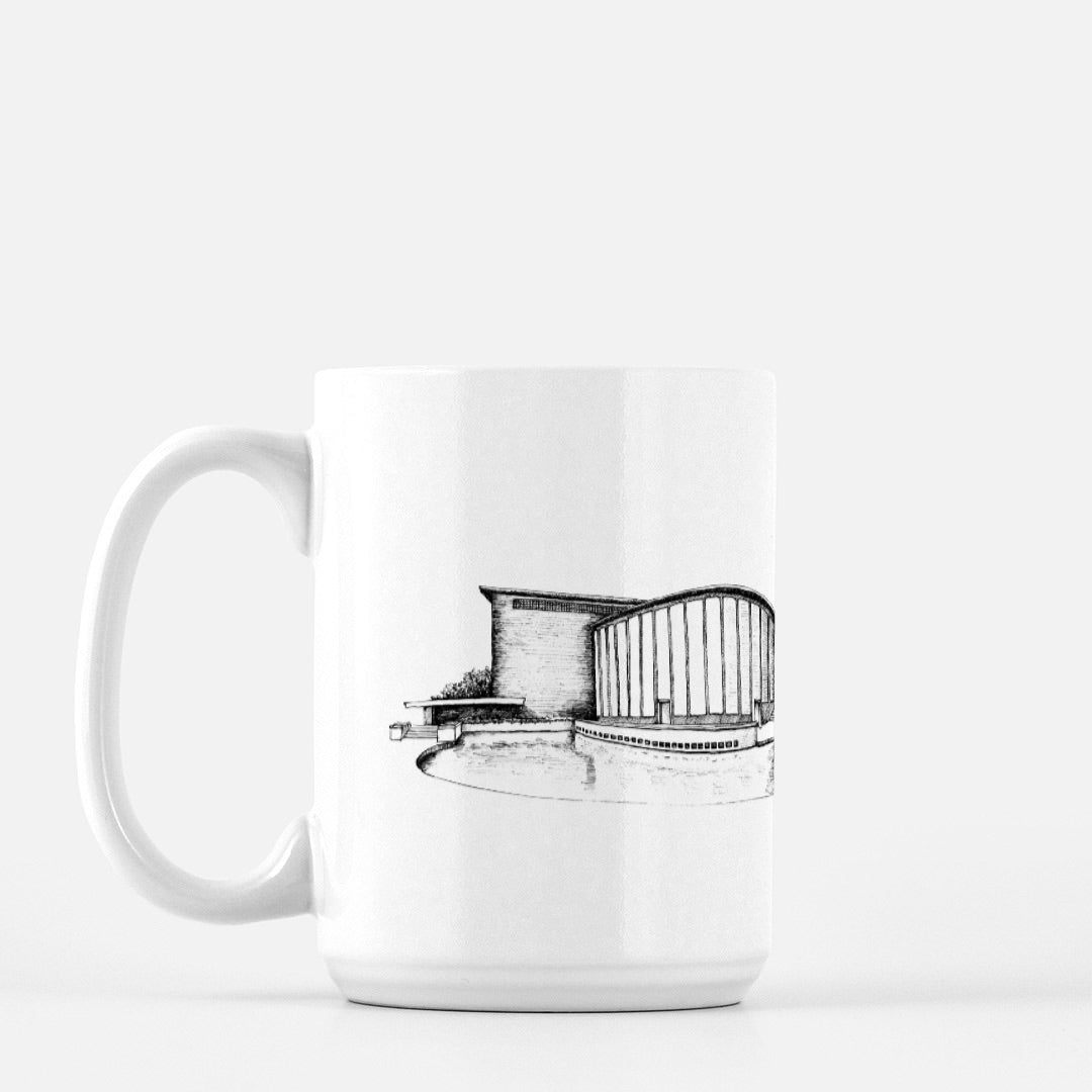 White ceramic mug with Kleinhans Music Hall illustration by Rust Belt Love