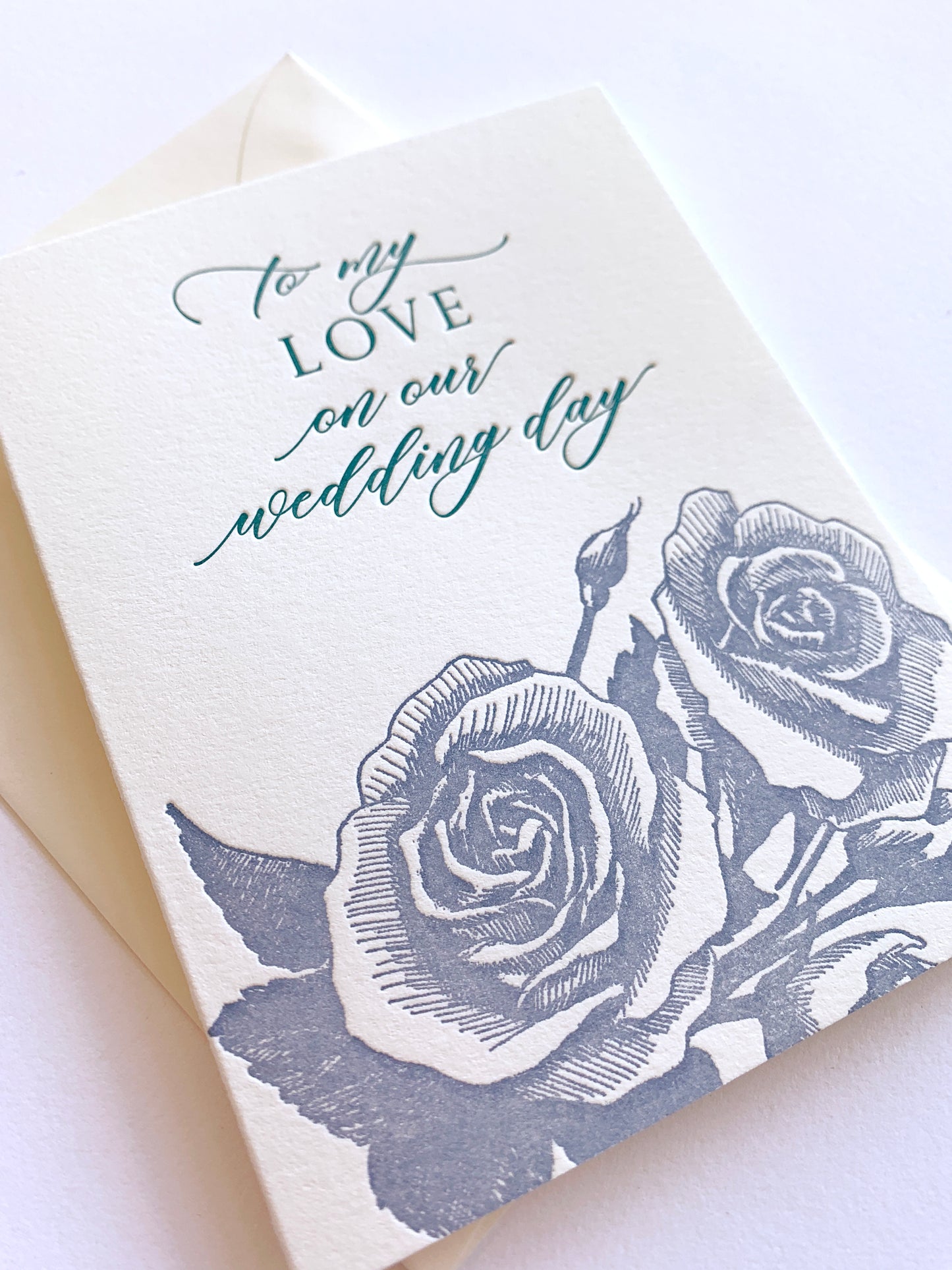 Letterpress wedding card with florals that says "to my love on our wedding day" by Rust Belt Love