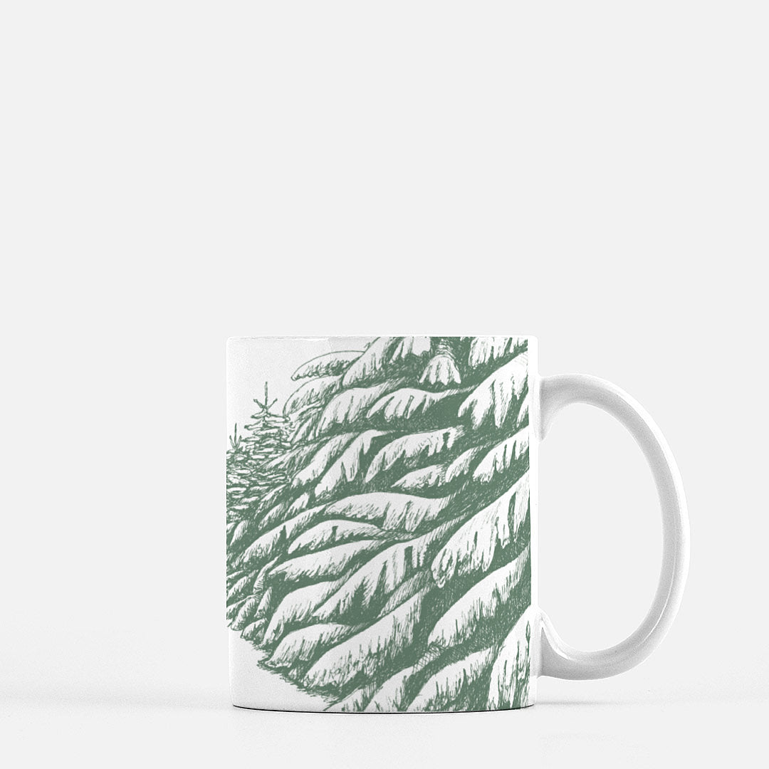 White ceramic mug with pinetree drawing