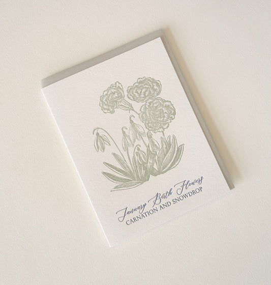 Letterpress birthday card with florals that says "January birth flowers carnation and snowdrop" by Rust Belt Love