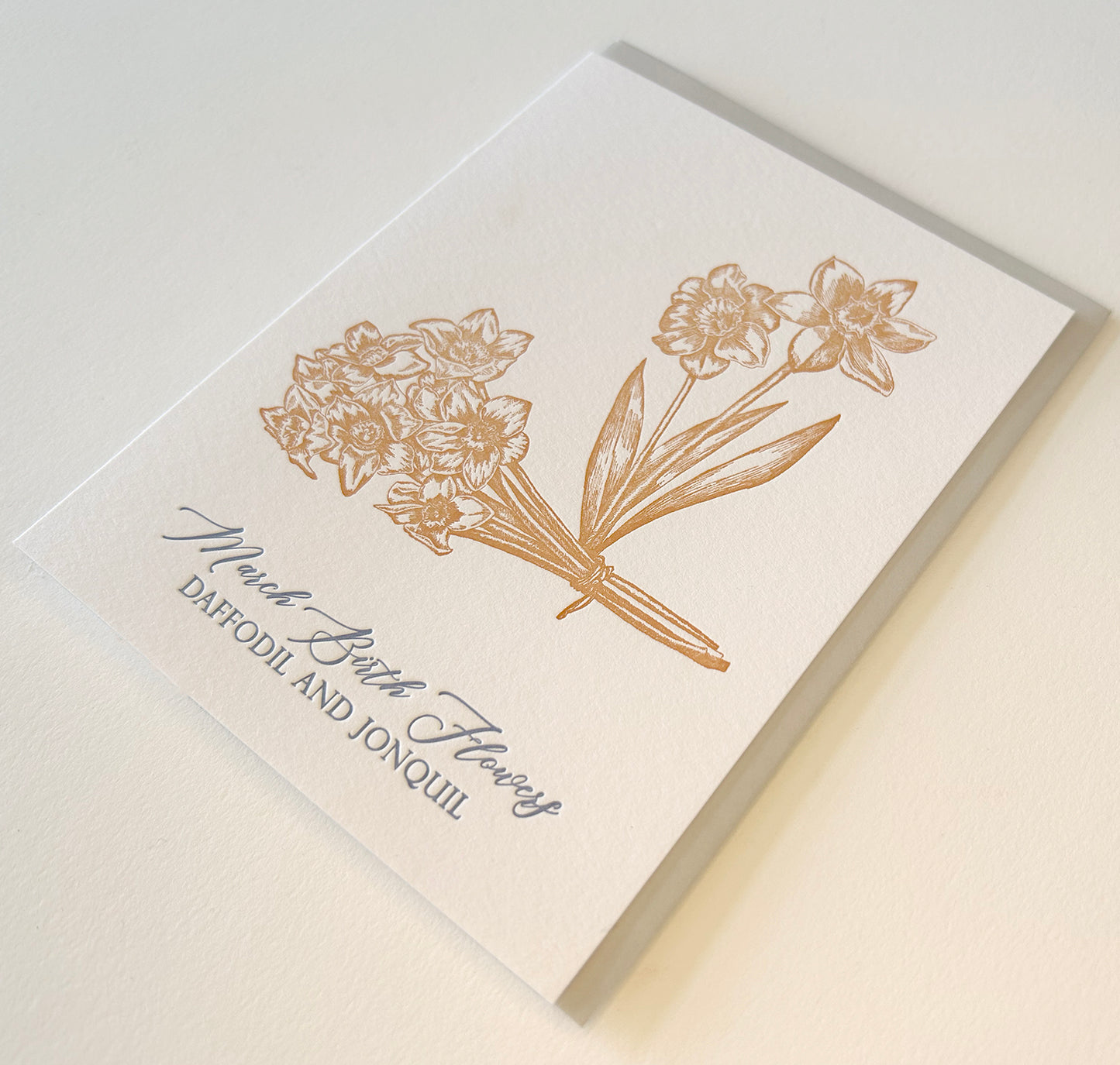 Letterpress birthday card with florals that says "March birth flowers daffodil and jonquil" by Rust Belt Love
