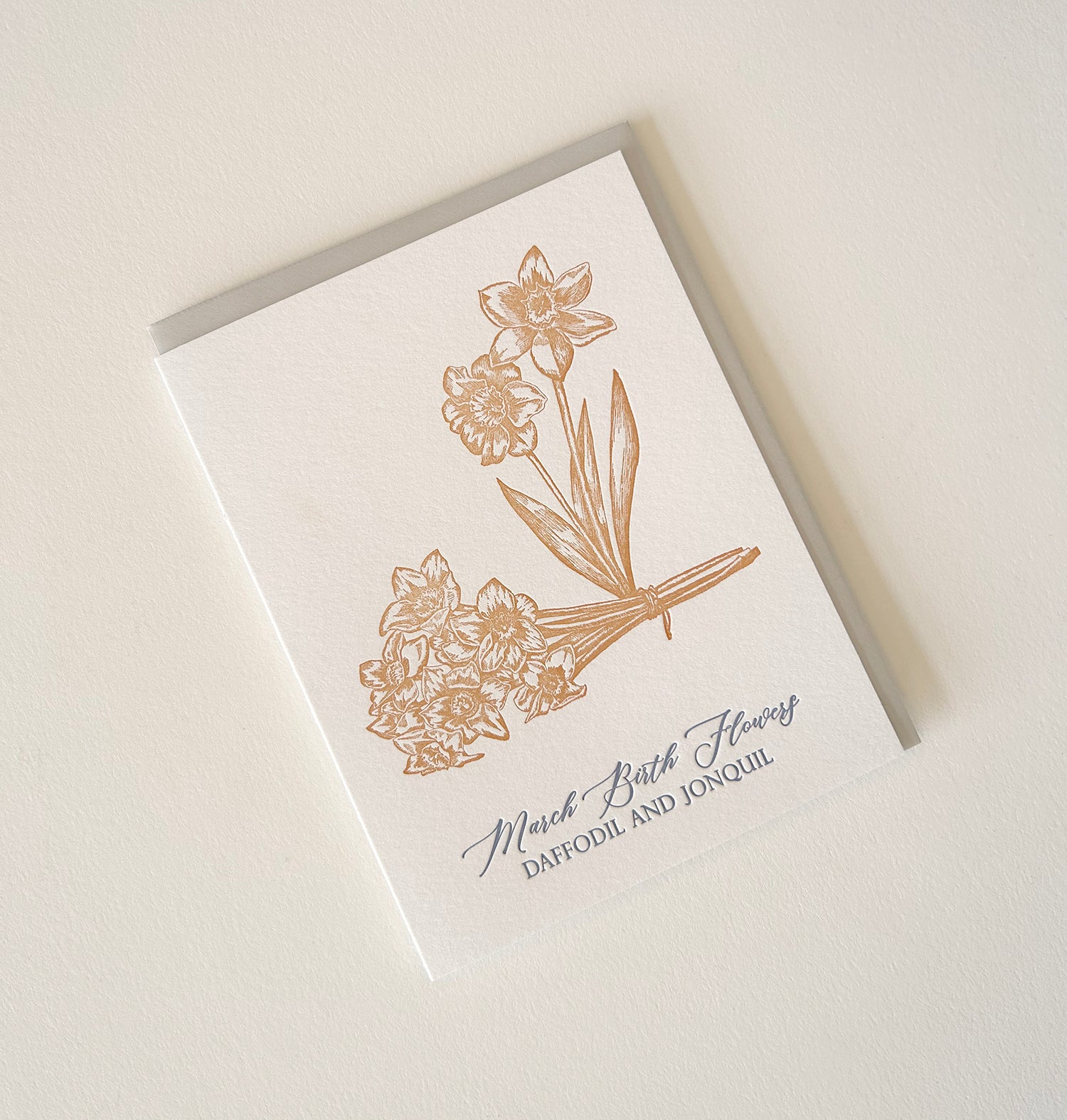 Letterpress birthday card with florals that says "March birth flowers daffodil and jonquil" by Rust Belt Love