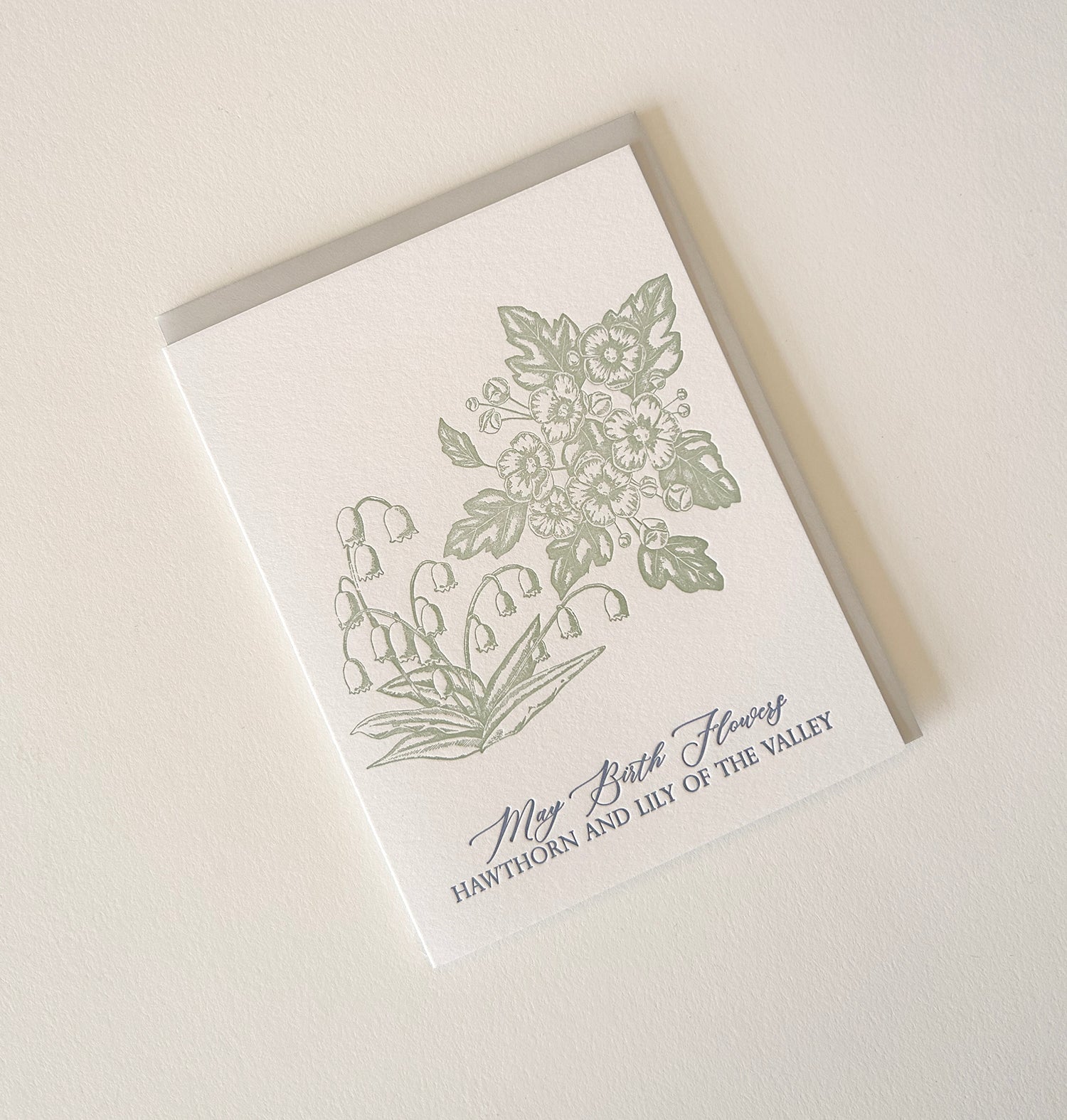 Letterpress birthday card with florals that says "May birth flowers hawthorn and lily of the valley" by Rust Belt Love