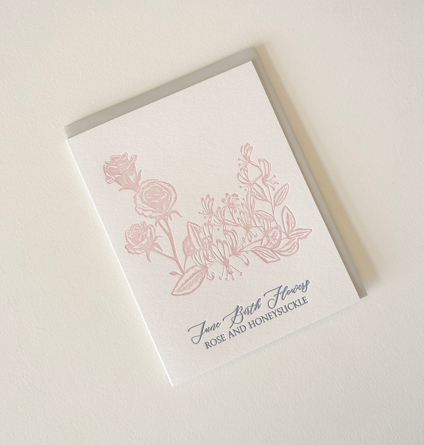 Letterpress birthday card with florals that says "June birth flowers rose and honeysuckle" by Rust Belt Love