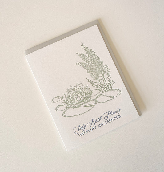 Letterpress birthday card with florals that says "July birth flowers water lily and larkspur" by Rust Belt Love