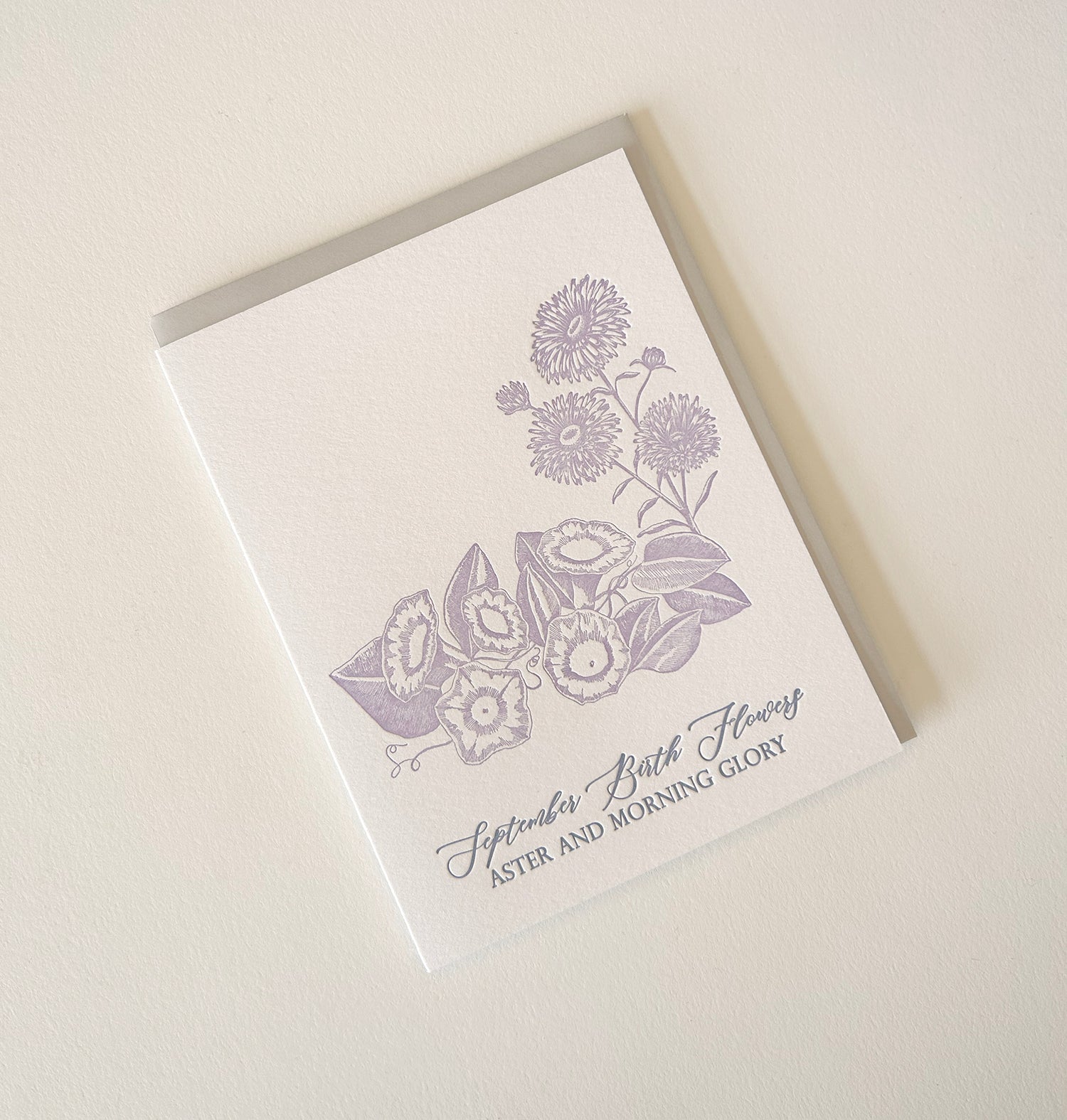 Letterpress birthday card with florals that says "Septmeber birth flowers aster and morning glory" by Rust Belt Love
