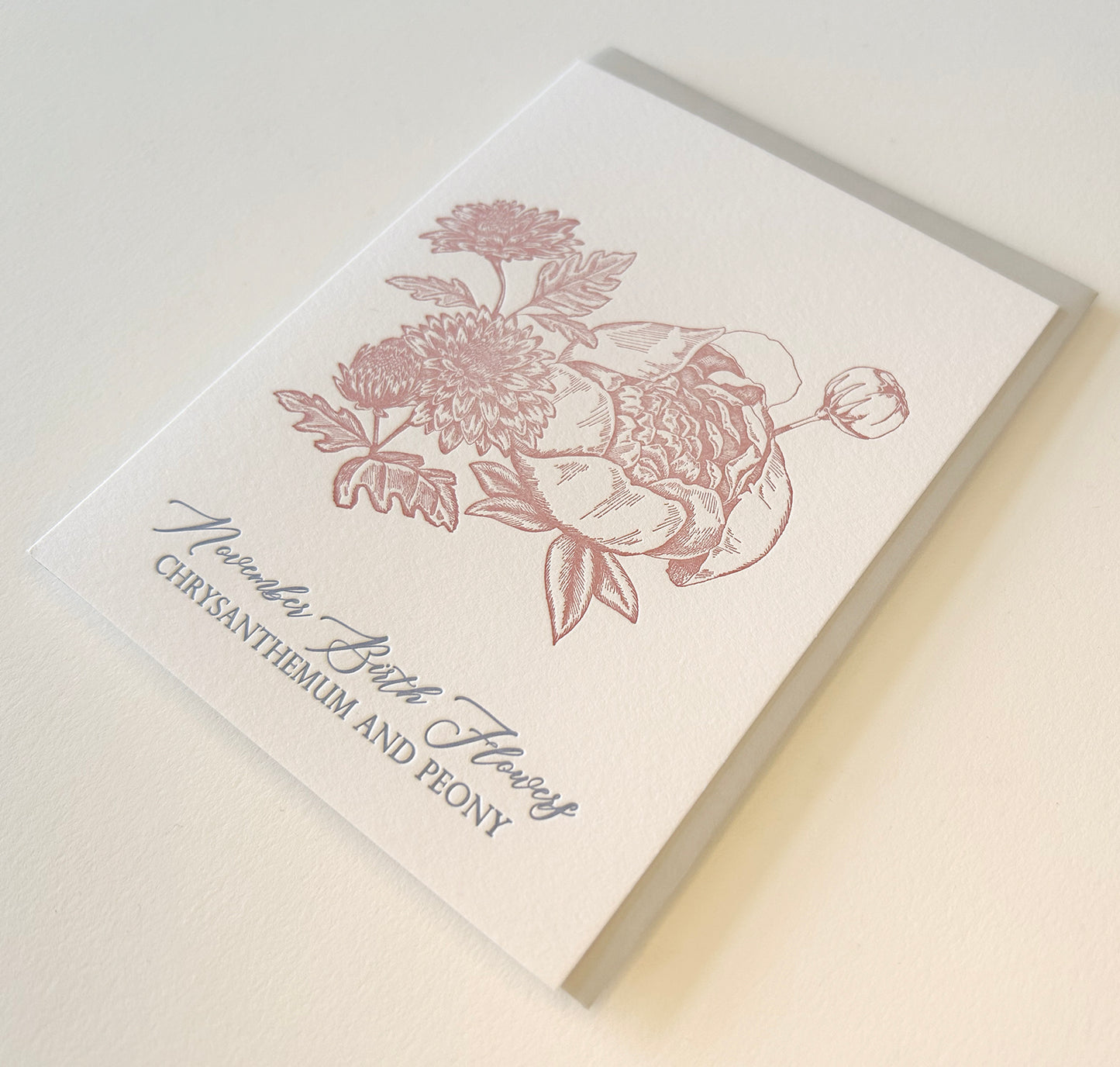 Letterpress birthday card with florals that says "November birth flowers chrysanthemum and peony" by Rust Belt Love