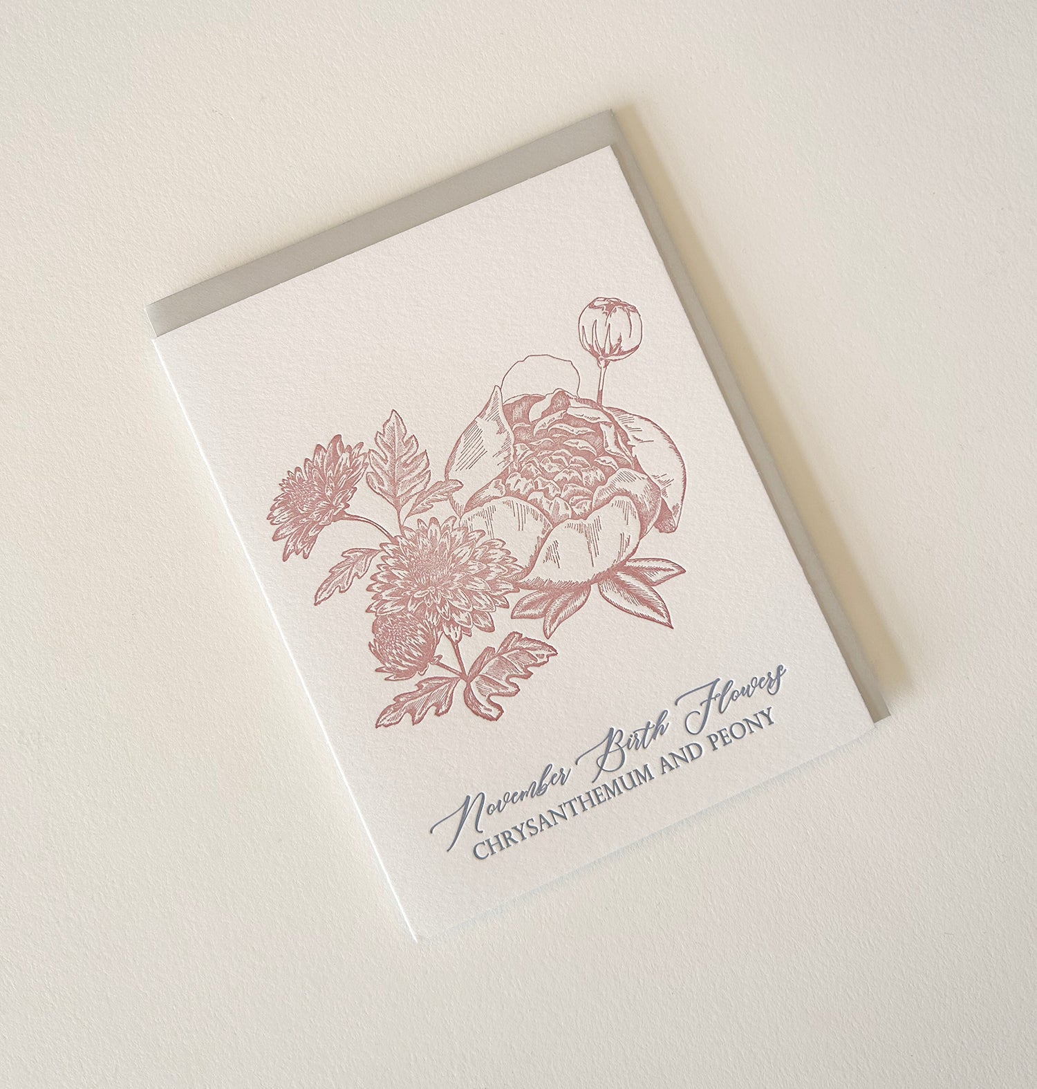 Letterpress birthday card with florals that says "November birth flowers chrysanthemum and peony" by Rust Belt Love