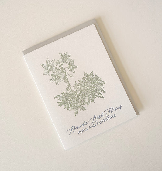 Letterpress birthday card with florals that says "December Birth Flowers, Holly And Paperwhite" by Rust Belt Love