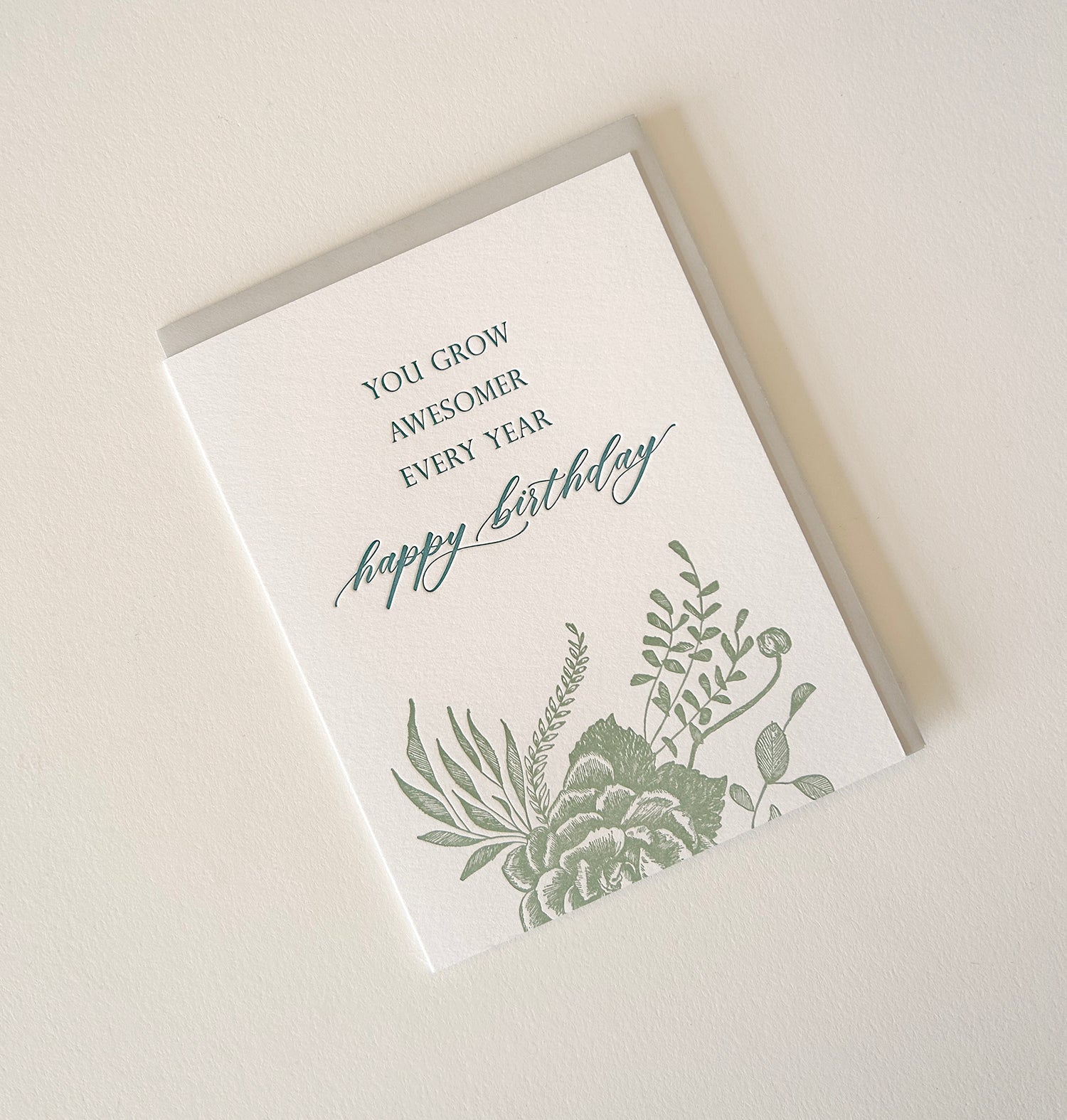 Letterpress birthday card with florals that says " You grow awesomer every year happy birthday" by Rust Belt Love