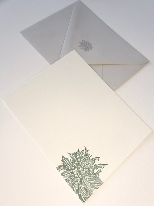 Letterpress flat note card with a green holly by Rust Belt Love