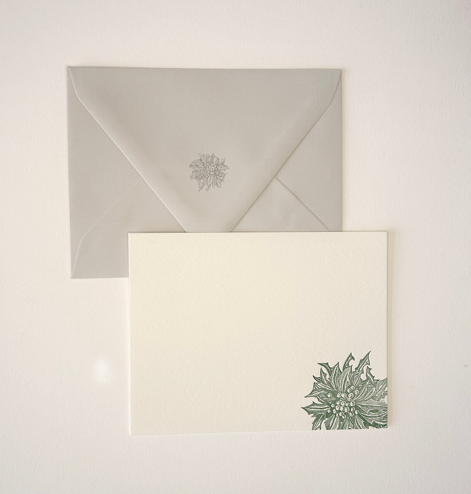 Letterpress flat note card with a green holly by Rust Belt Love